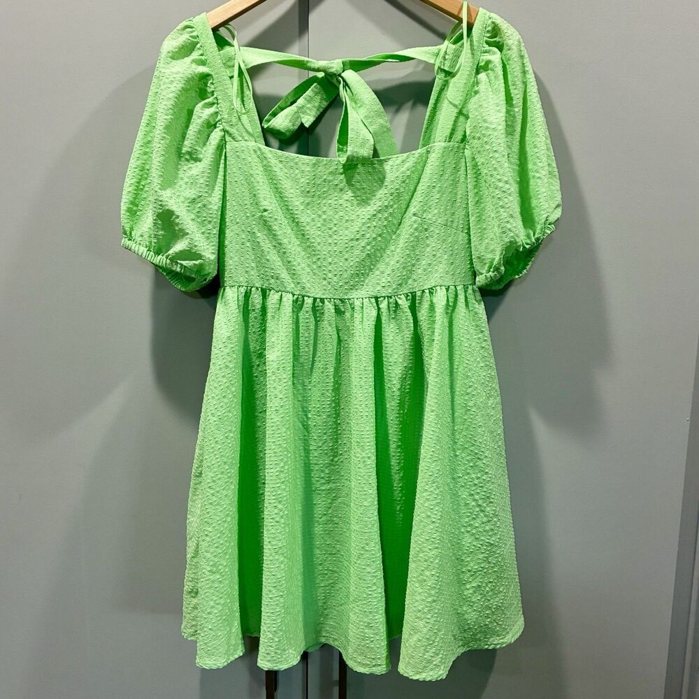 Mable Green Puff Sleeve Seersucker Babydoll Square Neck Mini Dress Sz S Tie Back